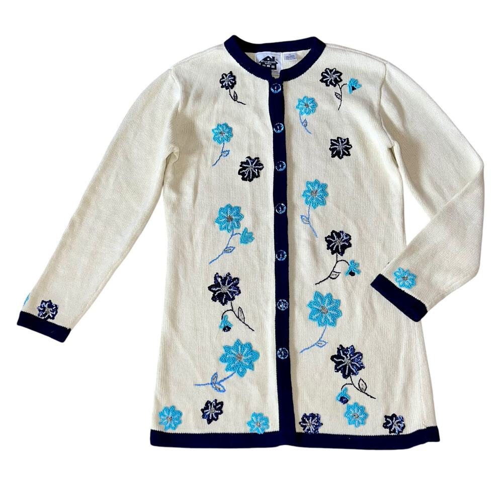 Storybook Knits Cardigan Sweater Floral Beads Sequins